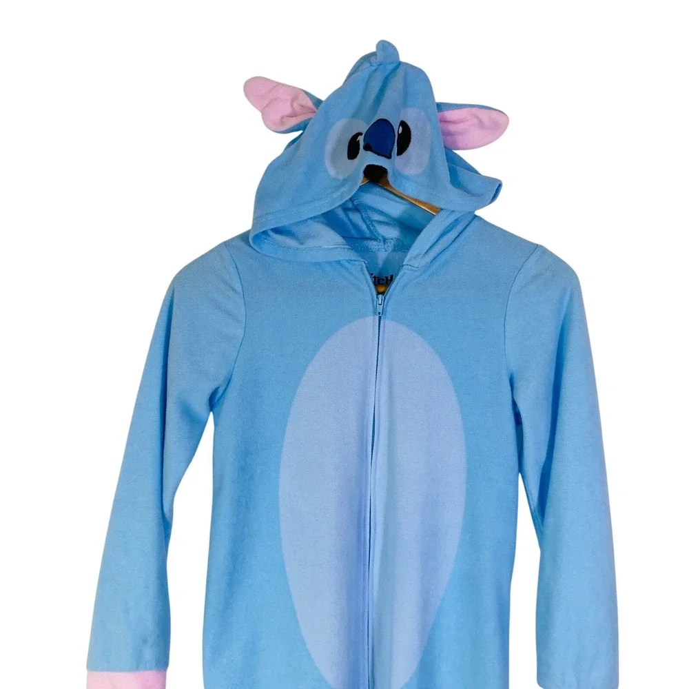Disney Stitch Blue Fleece‎ Hooded Union Suit One Piece Pajamas Kids Sz 10/12